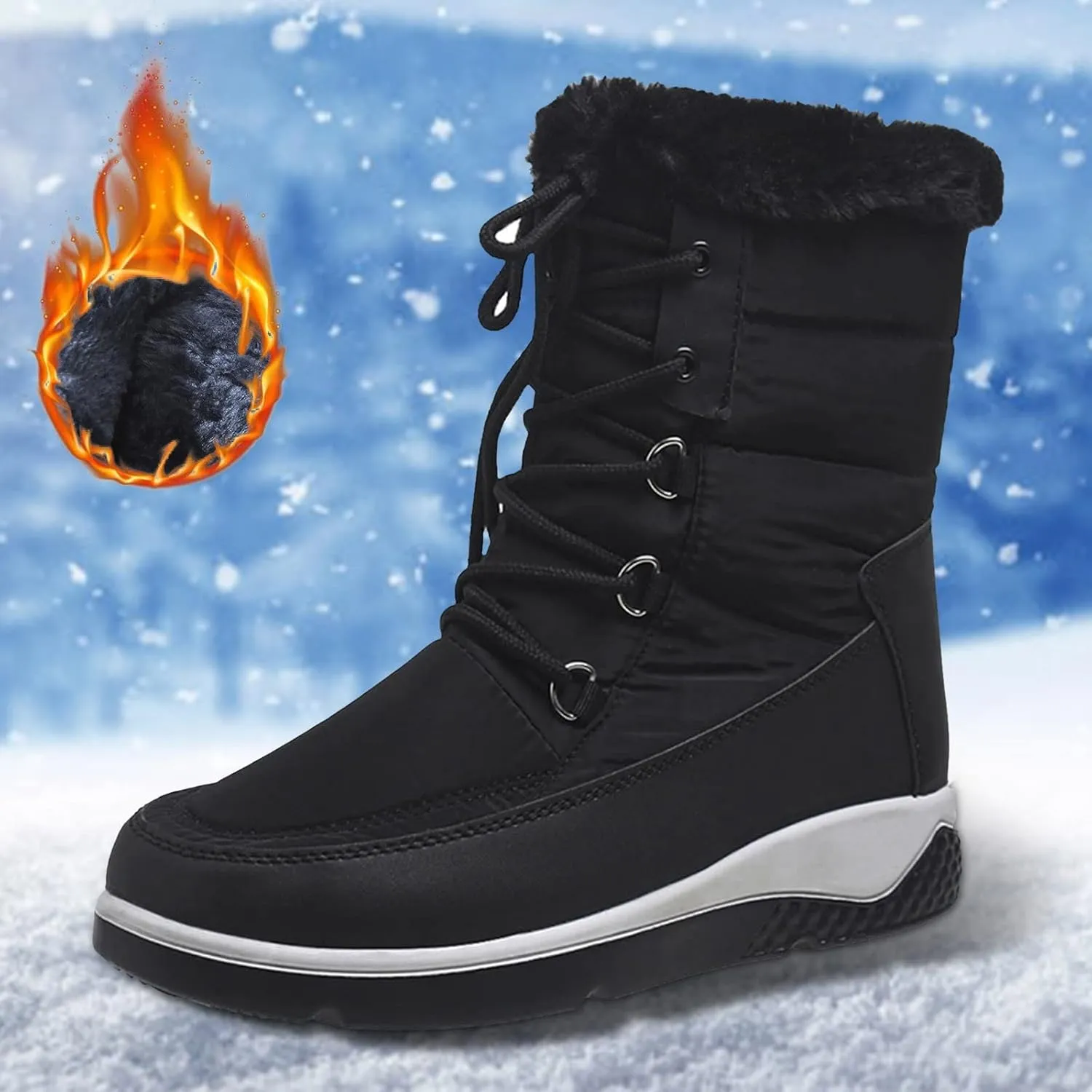 Women's Cold Proof Snow Boots Thick Bottom Non Slip Mid Calf Boots Plus Velvet Warm Lace Up Snow Boots