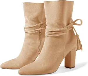 Womens Dress Boots Mid Calf Block Heel Fall Booties Tassel Strappy Short Sock Boots Shoes Side Zipper