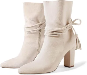 Womens Dress Boots Mid Calf Block Heel Fall Booties Tassel Strappy Short Sock Boots Shoes Side Zipper