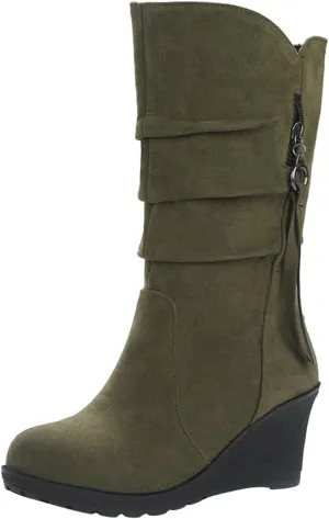 Women's Fashion Mid Calf Boots Winter Solid Wedge Boots Plush Insulated Snow Boots Leather Wedge Boots