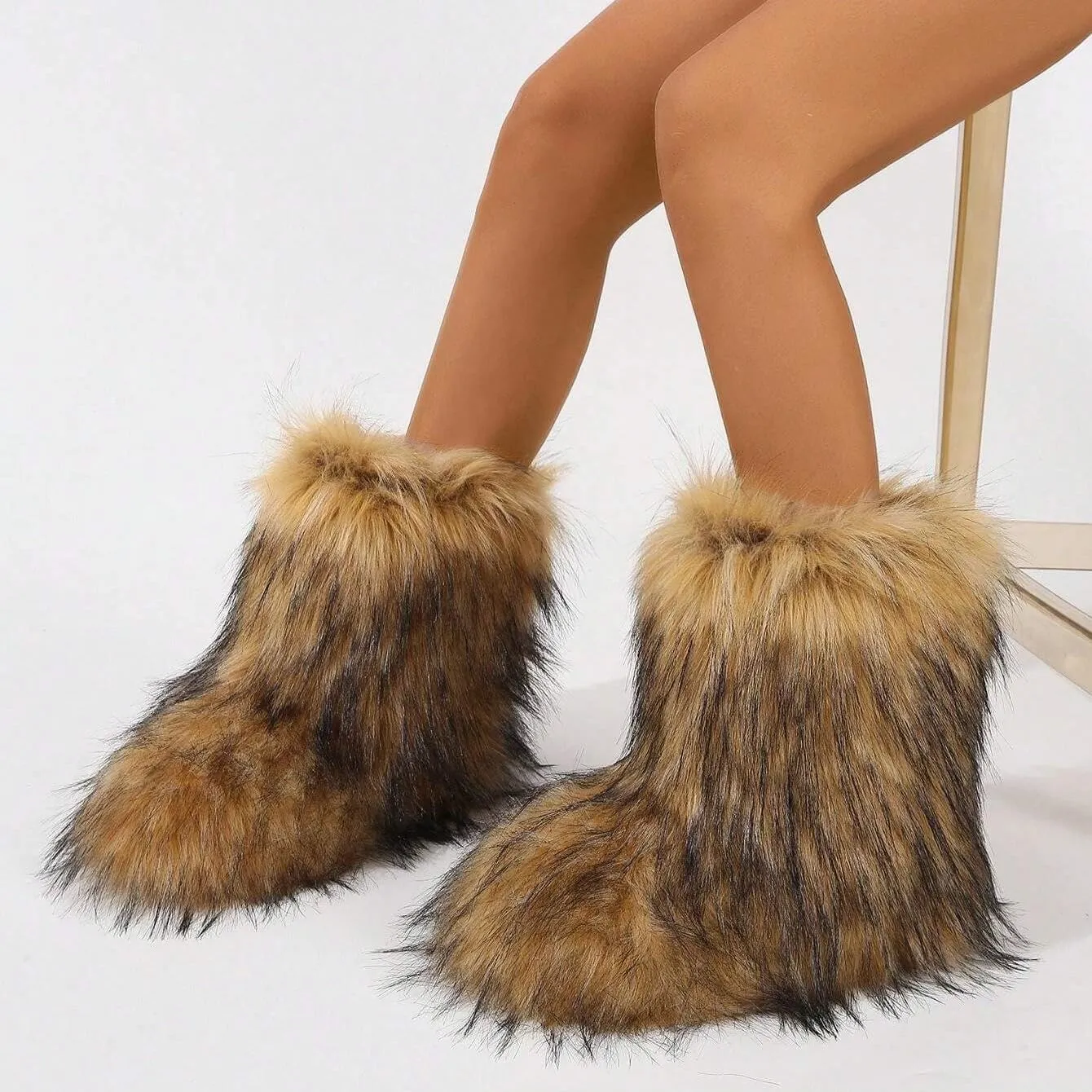 Women's Faux Fur Boots Furry Fluffy Round Toe Snow Boots Warm Lined Fuzzy Flat Comfy Winter Mid Calf Boots