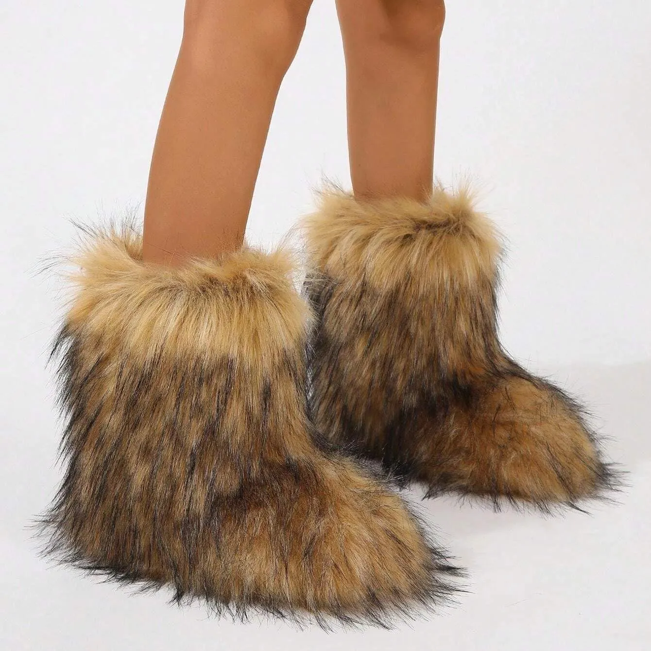 Women's Faux Fur Boots Furry Fluffy Round Toe Snow Boots Warm Lined Fuzzy Flat Comfy Winter Mid Calf Boots