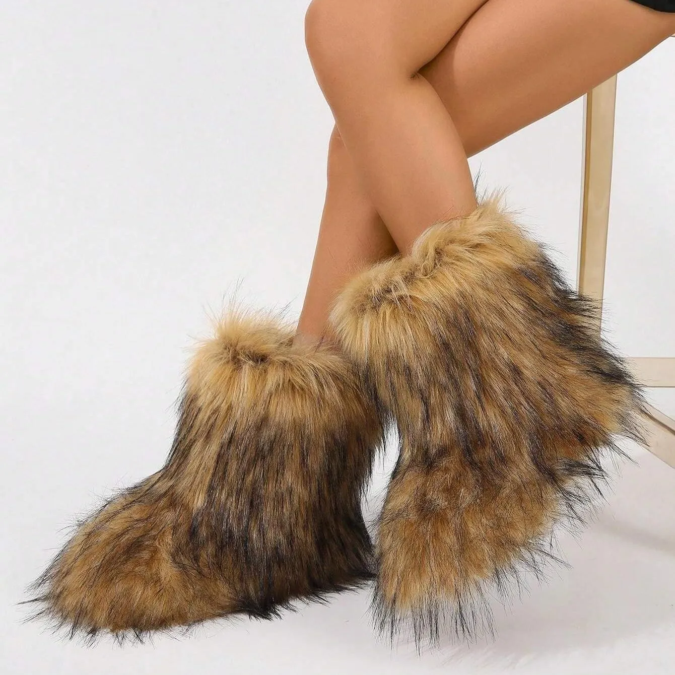 Women's Faux Fur Boots Furry Fluffy Round Toe Snow Boots Warm Lined Fuzzy Flat Comfy Winter Mid Calf Boots