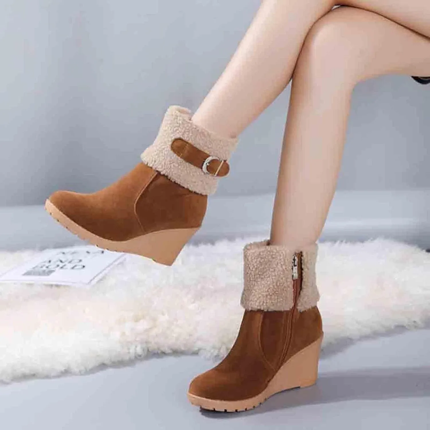 Women's Furry Boots Fashion Wedge Snow Boots Frosted Mid Calf Boots Belt Side Zipper Warm Winter Snow Boots