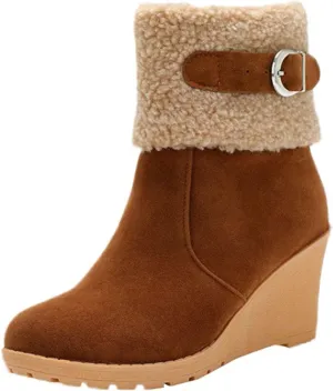 Women's Furry Boots Fashion Wedge Snow Boots Frosted Mid Calf Boots Belt Side Zipper Warm Winter Snow Boots