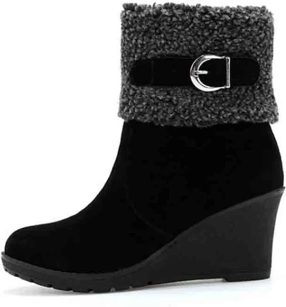 Women's Furry Boots Fashion Wedge Snow Boots Frosted Mid Calf Boots Belt Side Zipper Warm Winter Snow Boots