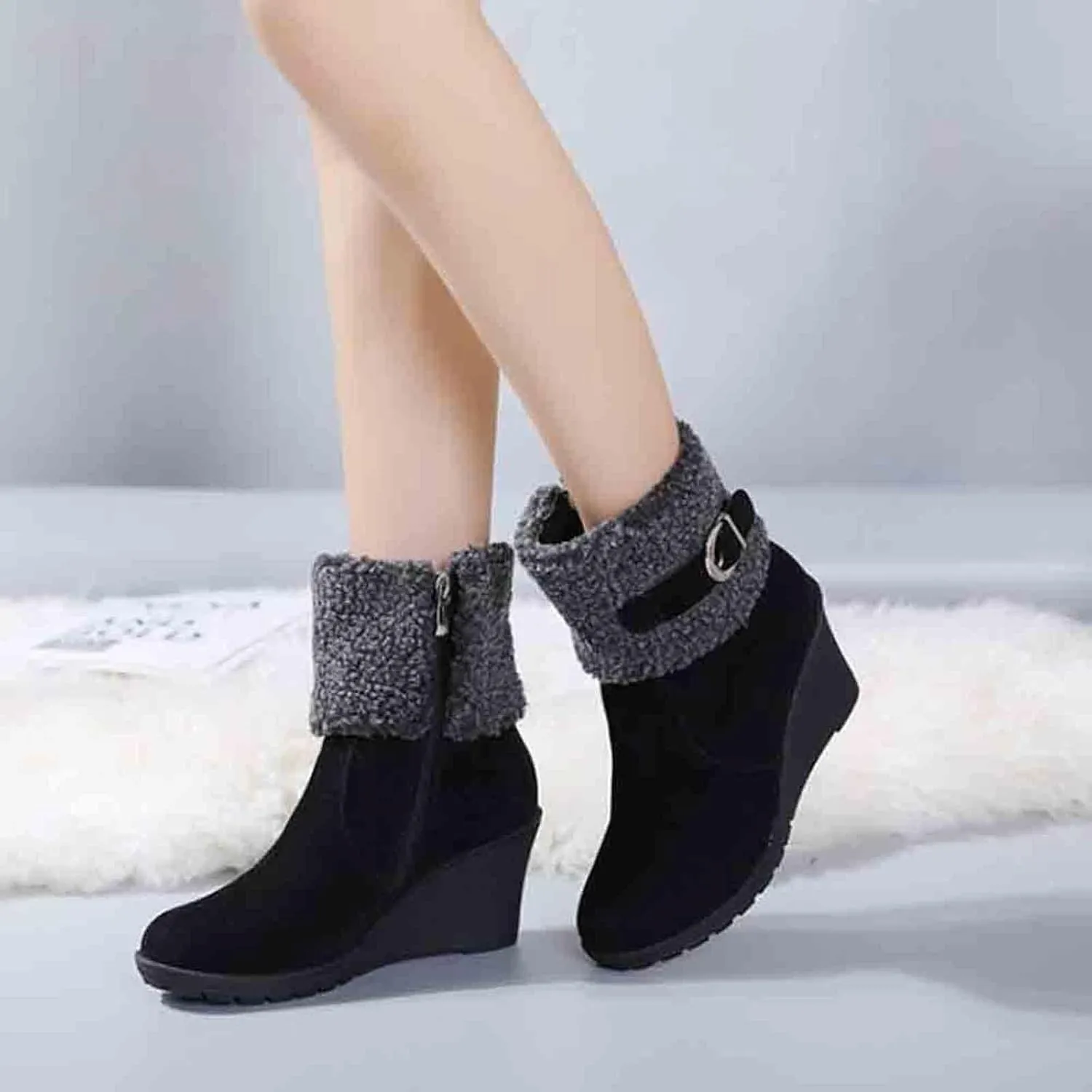 Women's Furry Boots Fashion Wedge Snow Boots Frosted Mid Calf Boots Belt Side Zipper Warm Winter Snow Boots