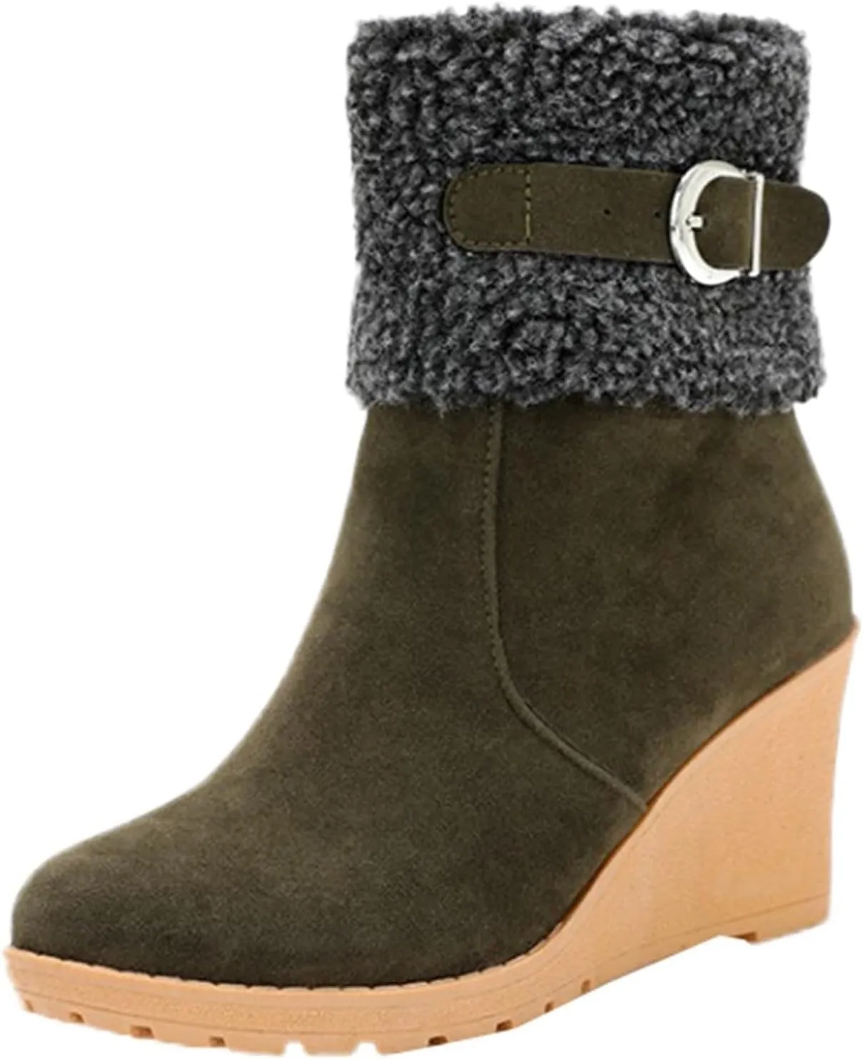 Women's Furry Boots Fashion Wedge Snow Boots Frosted Mid Calf Boots Belt Side Zipper Warm Winter Snow Boots