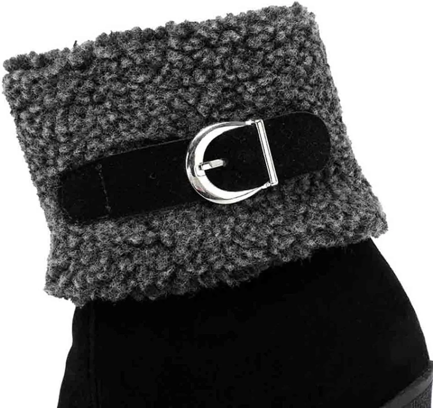 Women's Furry Boots Fashion Wedge Snow Boots Frosted Mid Calf Boots Belt Side Zipper Warm Winter Snow Boots