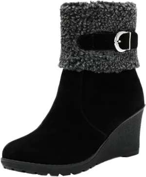 Women's Furry Boots Fashion Wedge Snow Boots Frosted Mid Calf Boots Belt Side Zipper Warm Winter Snow Boots