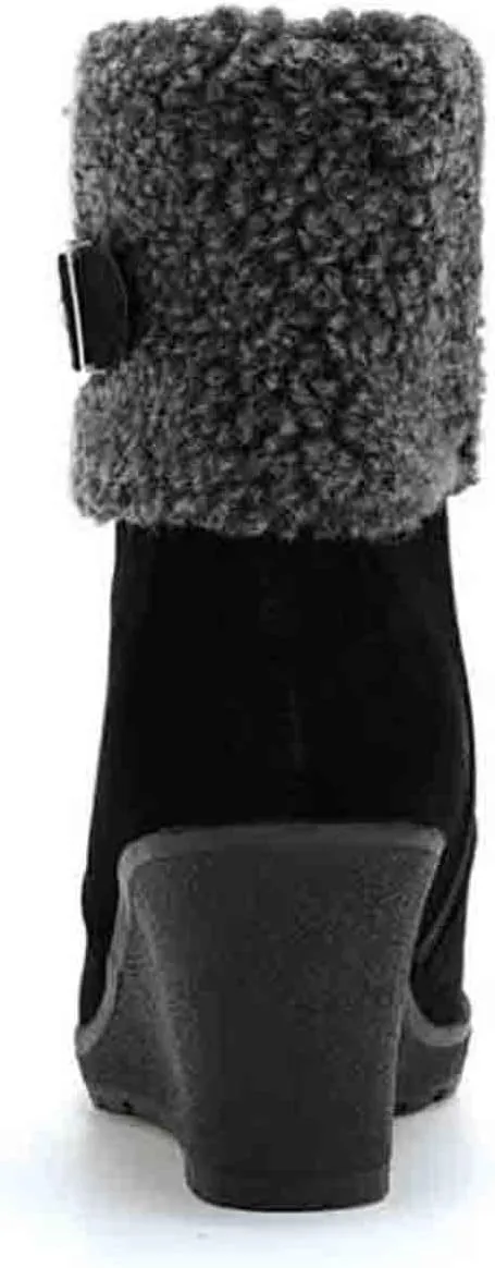 Women's Furry Boots Fashion Wedge Snow Boots Frosted Mid Calf Boots Belt Side Zipper Warm Winter Snow Boots