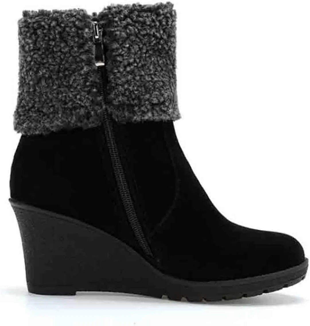 Women's Furry Boots Fashion Wedge Snow Boots Frosted Mid Calf Boots Belt Side Zipper Warm Winter Snow Boots