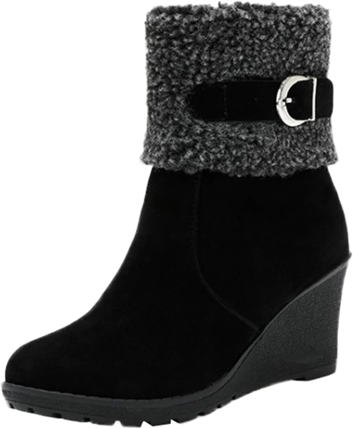 Women's Furry Boots Fashion Wedge Snow Boots Frosted Mid Calf Boots Belt Side Zipper Warm Winter Snow Boots
