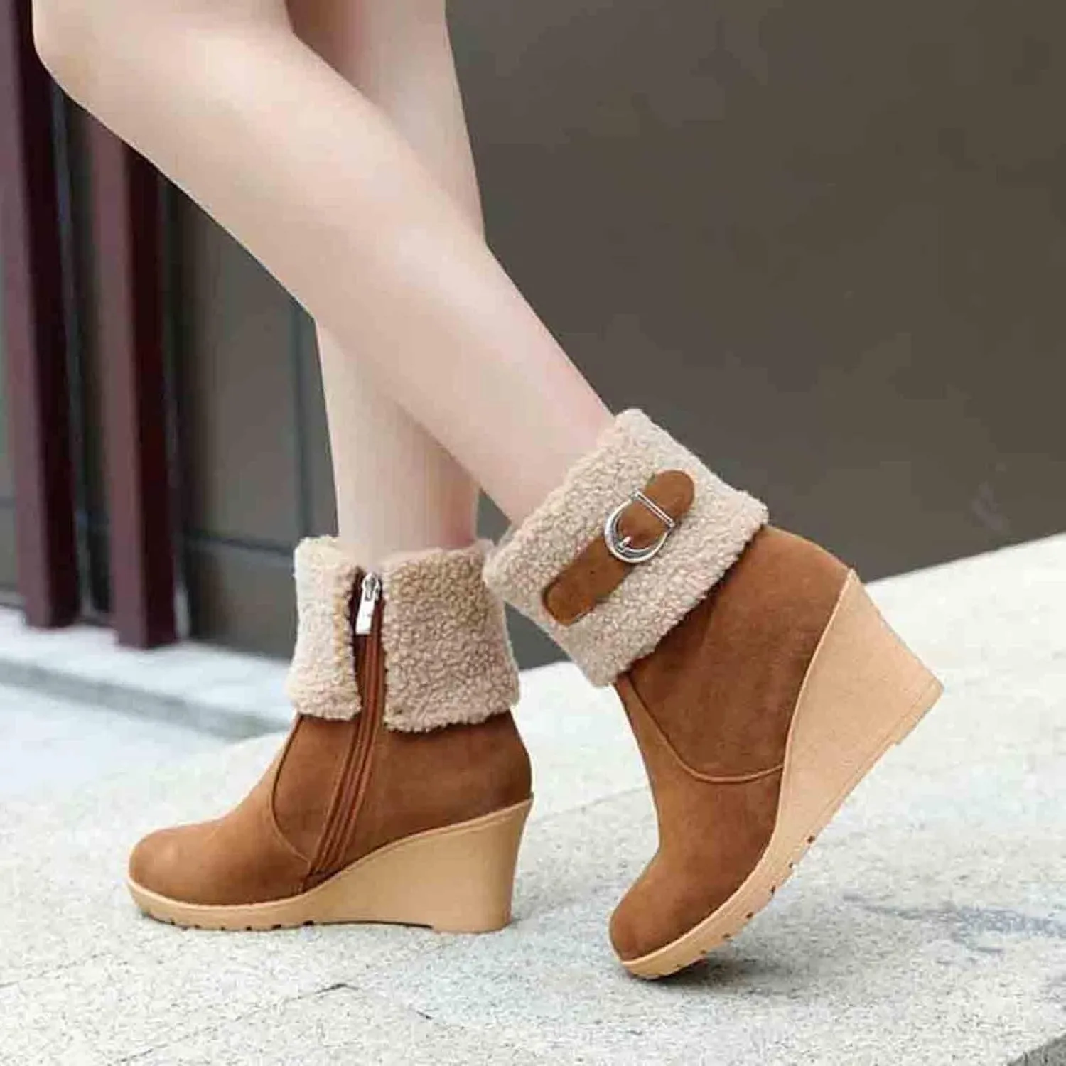 Women's Furry Boots Fashion Wedge Snow Boots Frosted Mid Calf Boots Belt Side Zipper Warm Winter Snow Boots
