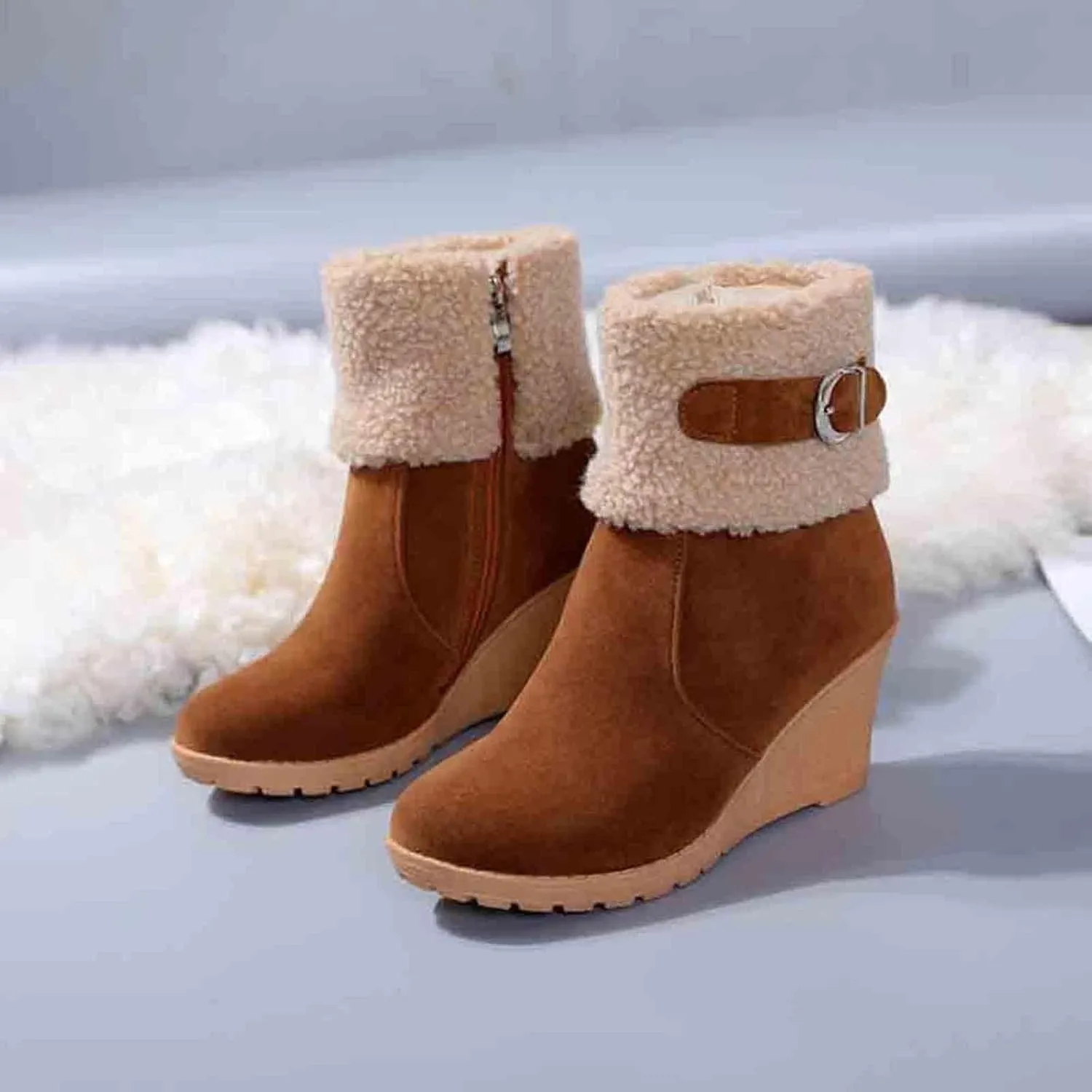 Women's Furry Boots Fashion Wedge Snow Boots Frosted Mid Calf Boots Belt Side Zipper Warm Winter Snow Boots