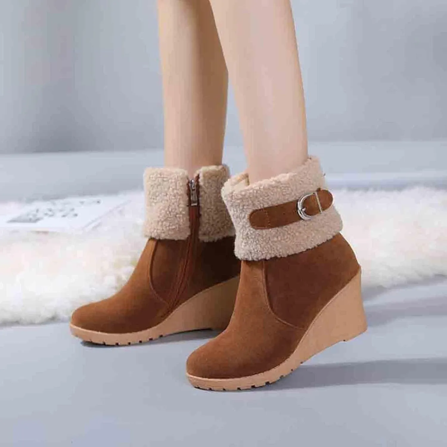Women's Furry Boots Fashion Wedge Snow Boots Frosted Mid Calf Boots Belt Side Zipper Warm Winter Snow Boots