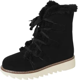 Women's Furry Boots Plus Velvet Warm Snow Boots Lace Up Mid Calf Boots Water Proof Insulated Thick Snow Boots