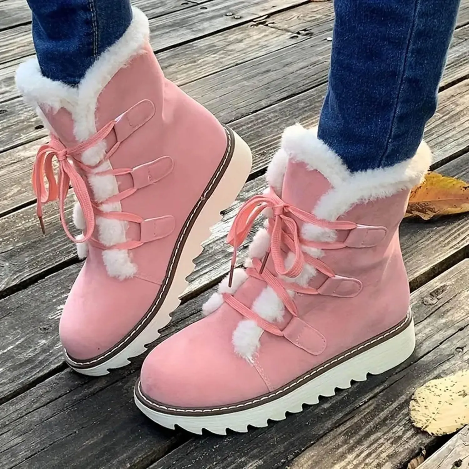 Women's Furry Boots Plus Velvet Warm Snow Boots Lace Up Mid Calf Boots Water Proof Insulated Thick Snow Boots