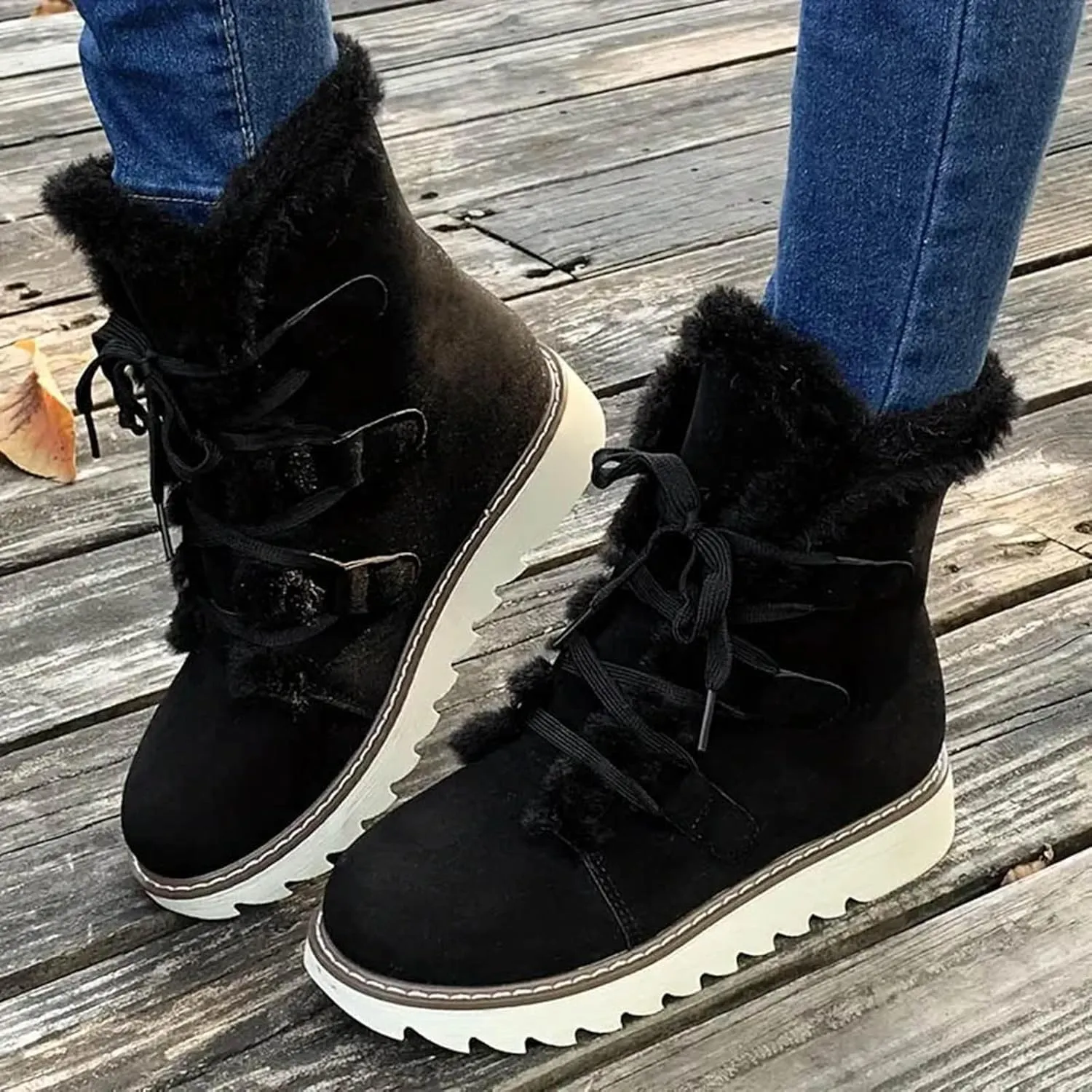 Women's Furry Boots Plus Velvet Warm Snow Boots Lace Up Mid Calf Boots Water Proof Insulated Thick Snow Boots