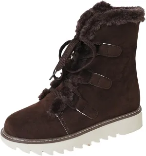 Women's Furry Boots Plus Velvet Warm Snow Boots Lace Up Mid Calf Boots Water Proof Insulated Thick Snow Boots
