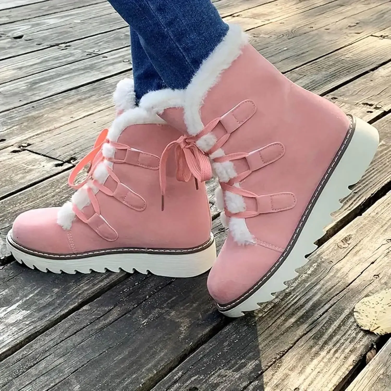 Women's Furry Boots Plus Velvet Warm Snow Boots Lace Up Mid Calf Boots Water Proof Insulated Thick Snow Boots
