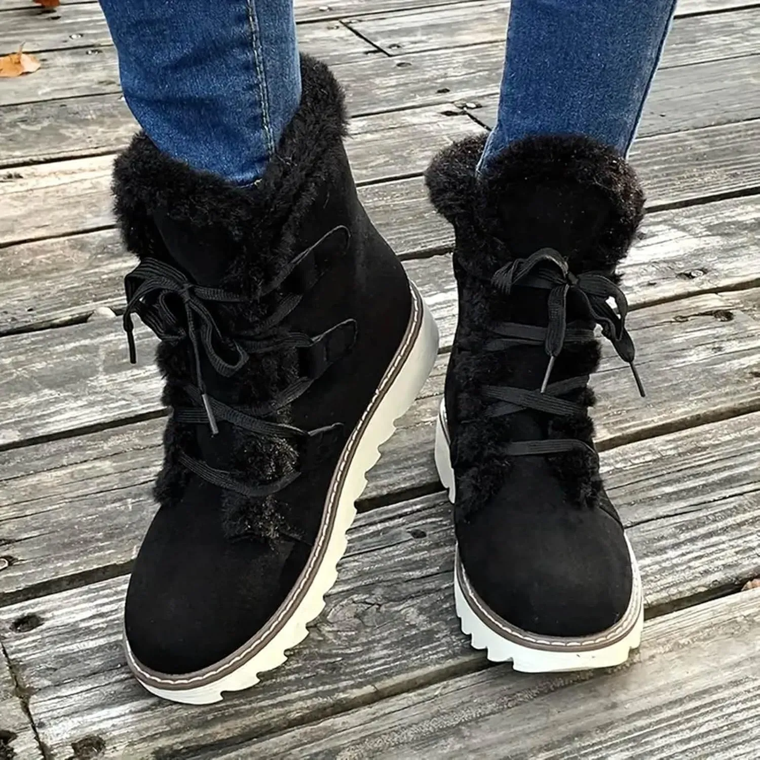 Women's Furry Boots Plus Velvet Warm Snow Boots Lace Up Mid Calf Boots Water Proof Insulated Thick Snow Boots