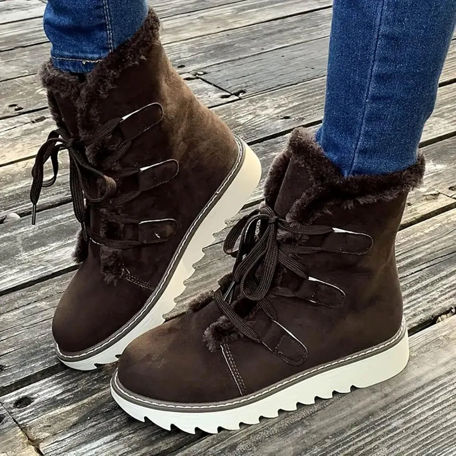 Women's Furry Boots Plus Velvet Warm Snow Boots Lace Up Mid Calf Boots Water Proof Insulated Thick Snow Boots