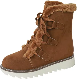 Women's Furry Boots Plus Velvet Warm Snow Boots Lace Up Mid Calf Boots Water Proof Insulated Womens Snow Boots Leather