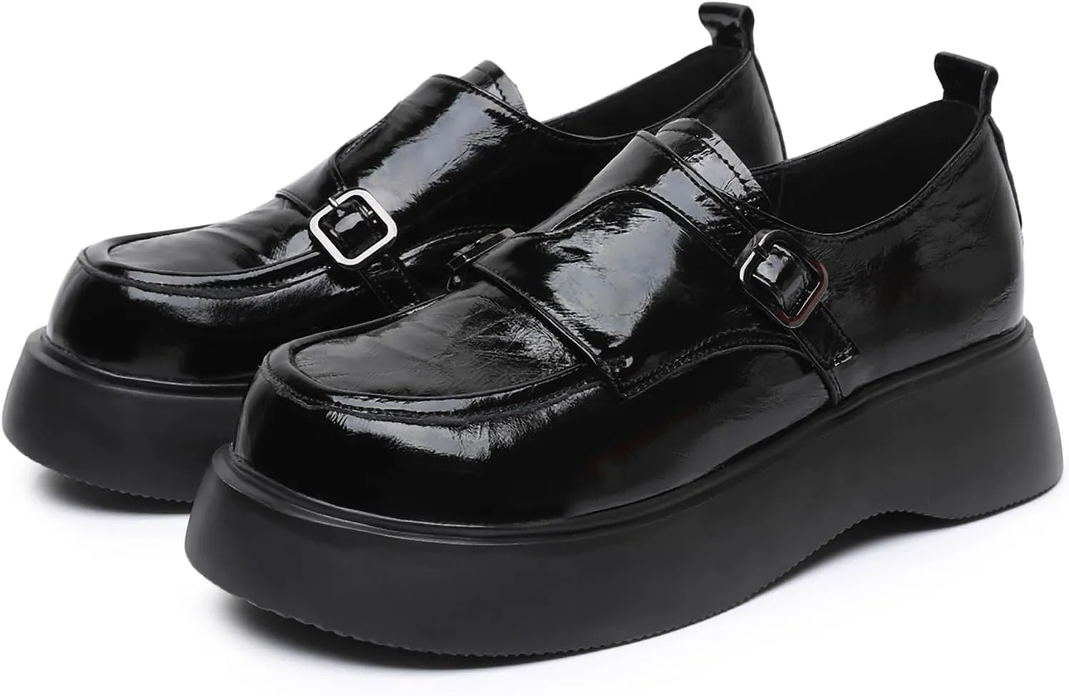 Women's Genuine Leather Chunky Platform Loafers with Double Buckle Round Toe Slip On Soft Sole Work Dress Penny Shoes Comfortable Moccasins