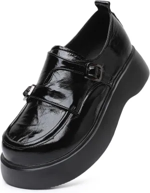 Women's Genuine Leather Chunky Platform Loafers with Double Buckle Round Toe Slip On Soft Sole Work Dress Penny Shoes Comfortable Moccasins