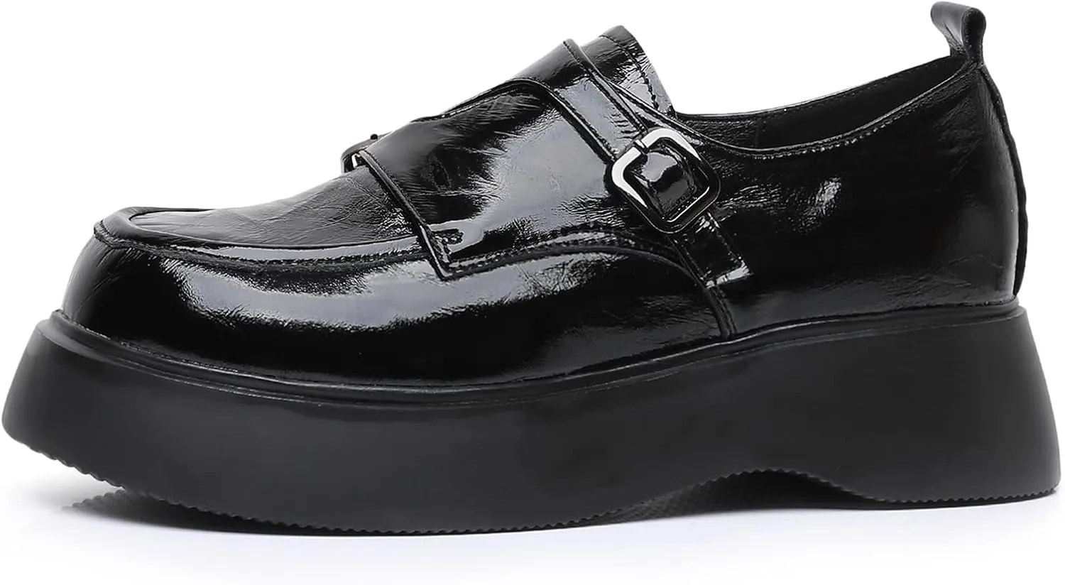 Women's Genuine Leather Chunky Platform Loafers with Double Buckle Round Toe Slip On Soft Sole Work Dress Penny Shoes Comfortable Moccasins