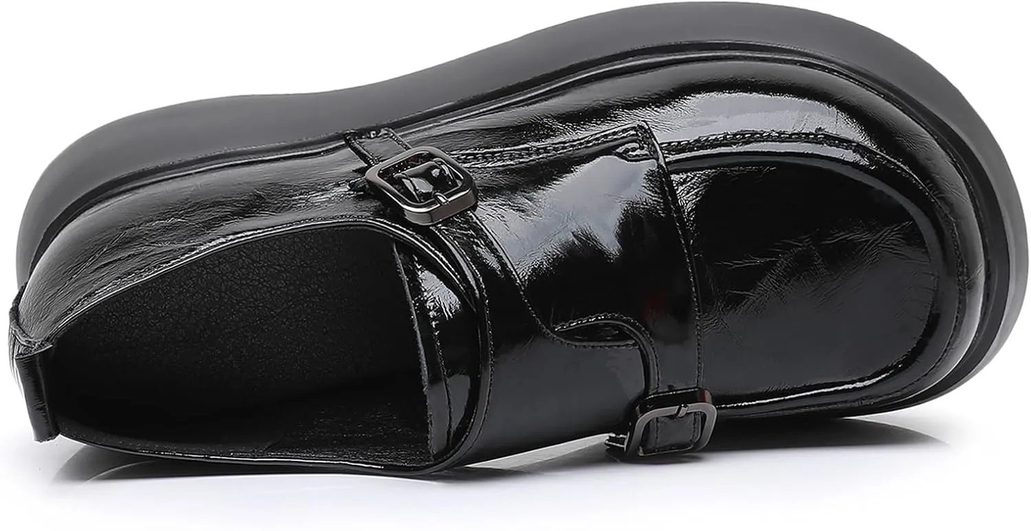 Women's Genuine Leather Chunky Platform Loafers with Double Buckle Round Toe Slip On Soft Sole Work Dress Penny Shoes Comfortable Moccasins