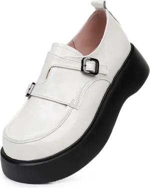 Women's Genuine Leather Chunky Platform Loafers with Double Buckle Round Toe Slip On Soft Sole Work Dress Penny Shoes Comfortable Moccasins