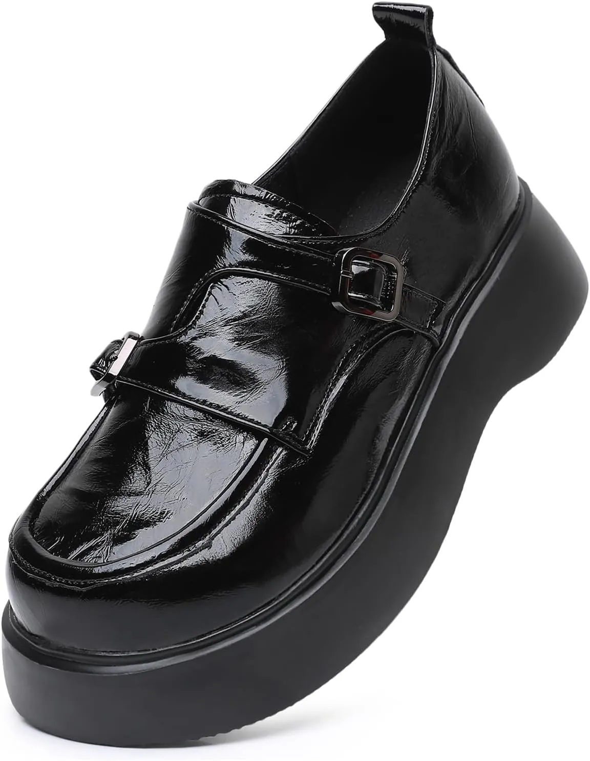 Women's Genuine Leather Chunky Platform Loafers with Double Buckle Round Toe Slip On Soft Sole Work Dress Penny Shoes Comfortable Moccasins