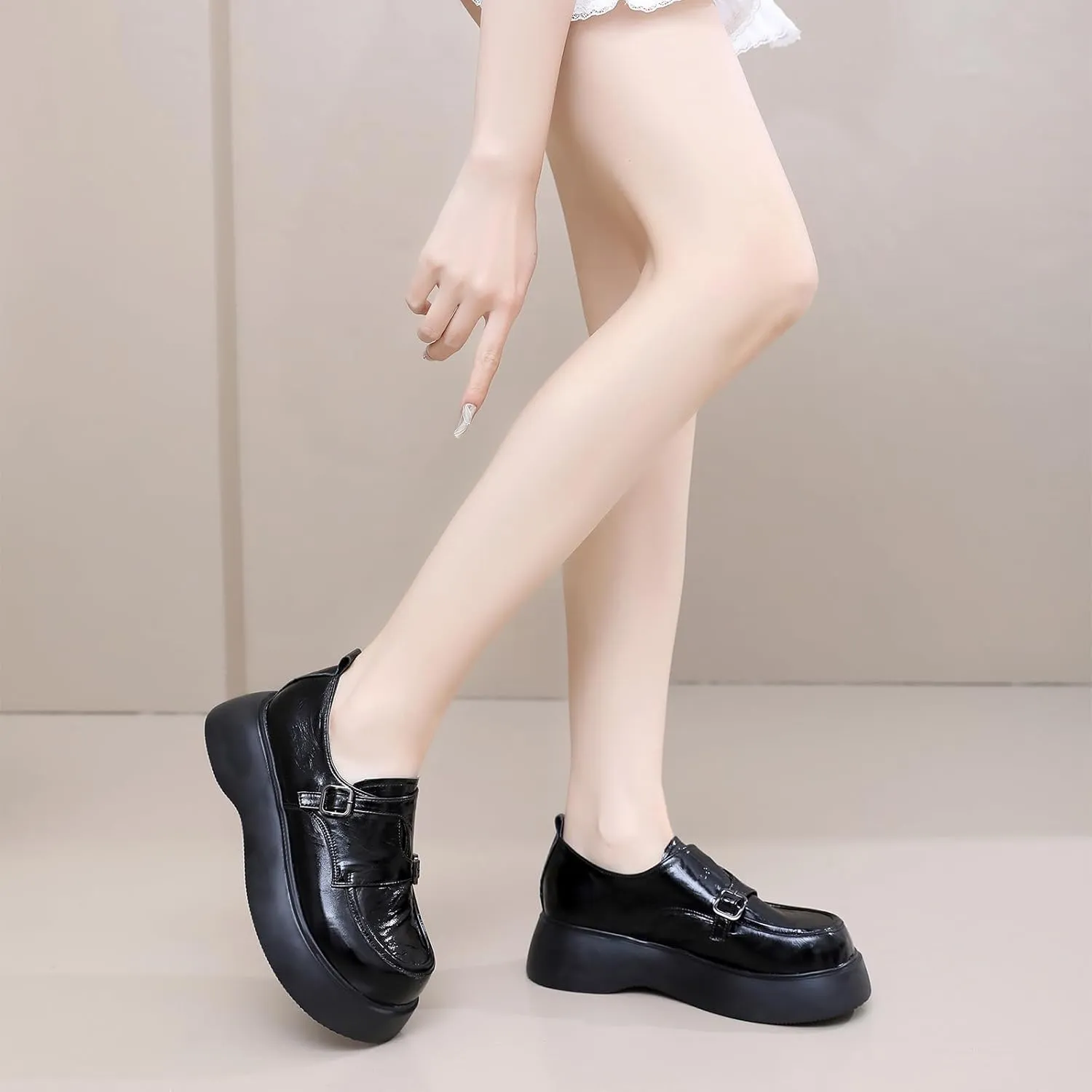 Women's Genuine Leather Chunky Platform Loafers with Double Buckle Round Toe Slip On Soft Sole Work Dress Penny Shoes Comfortable Moccasins