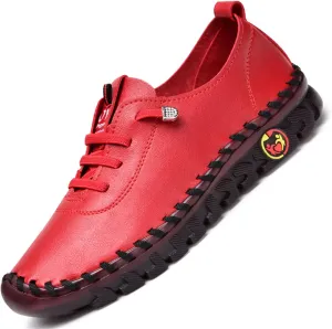 Womens Handmade Leather Slip-On Loafers with Elastic Band Casual Soft Beef Tendon Flat Wide Toe Non-Slip Nurse Walking Shoes