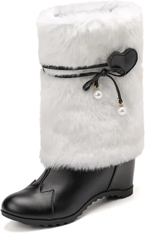 Women's Leather Fur Trim Christmas Mid Calf Boots Comfort Round Toe Fur Lined Pull On Snow Boots Cute Bowknot Warm Winter Boots