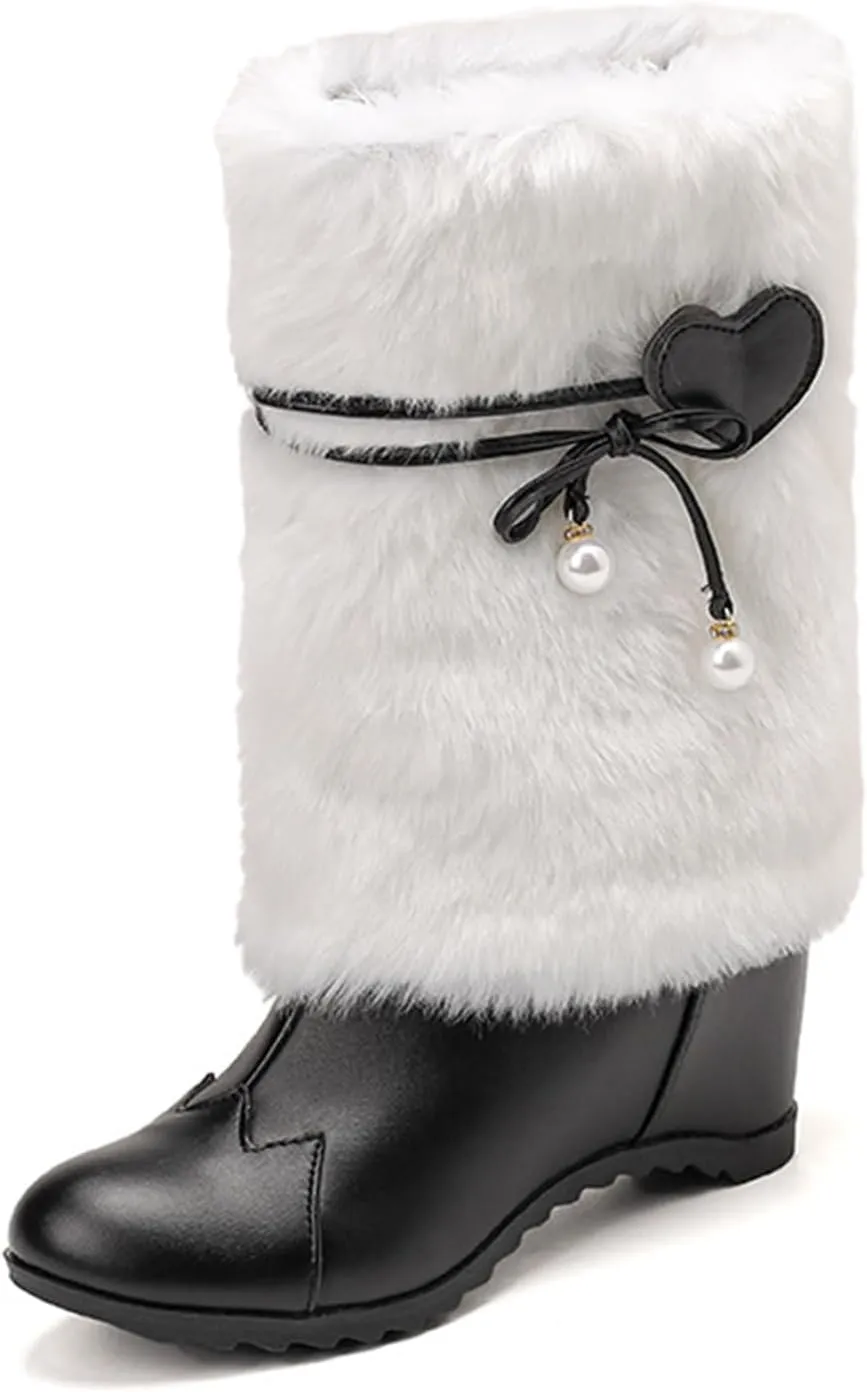 Women's Leather Fur Trim Christmas Mid Calf Boots Comfort Round Toe Fur Lined Pull On Snow Boots Cute Bowknot Warm Winter Boots