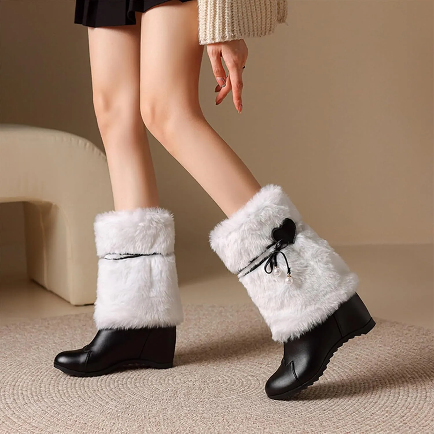 Women's Leather Fur Trim Christmas Mid Calf Boots Comfort Round Toe Fur Lined Pull On Snow Boots Cute Bowknot Warm Winter Boots
