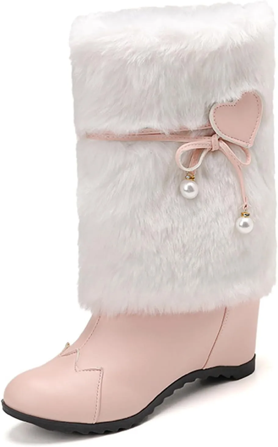 Women's Leather Fur Trim Christmas Mid Calf Boots Comfort Round Toe Fur Lined Pull On Snow Boots Cute Bowknot Warm Winter Boots