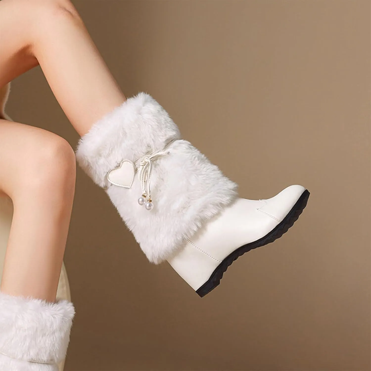 Women's Leather Fur Trim Christmas Mid Calf Boots Comfort Round Toe Fur Lined Pull On Snow Boots Cute Bowknot Warm Winter Boots