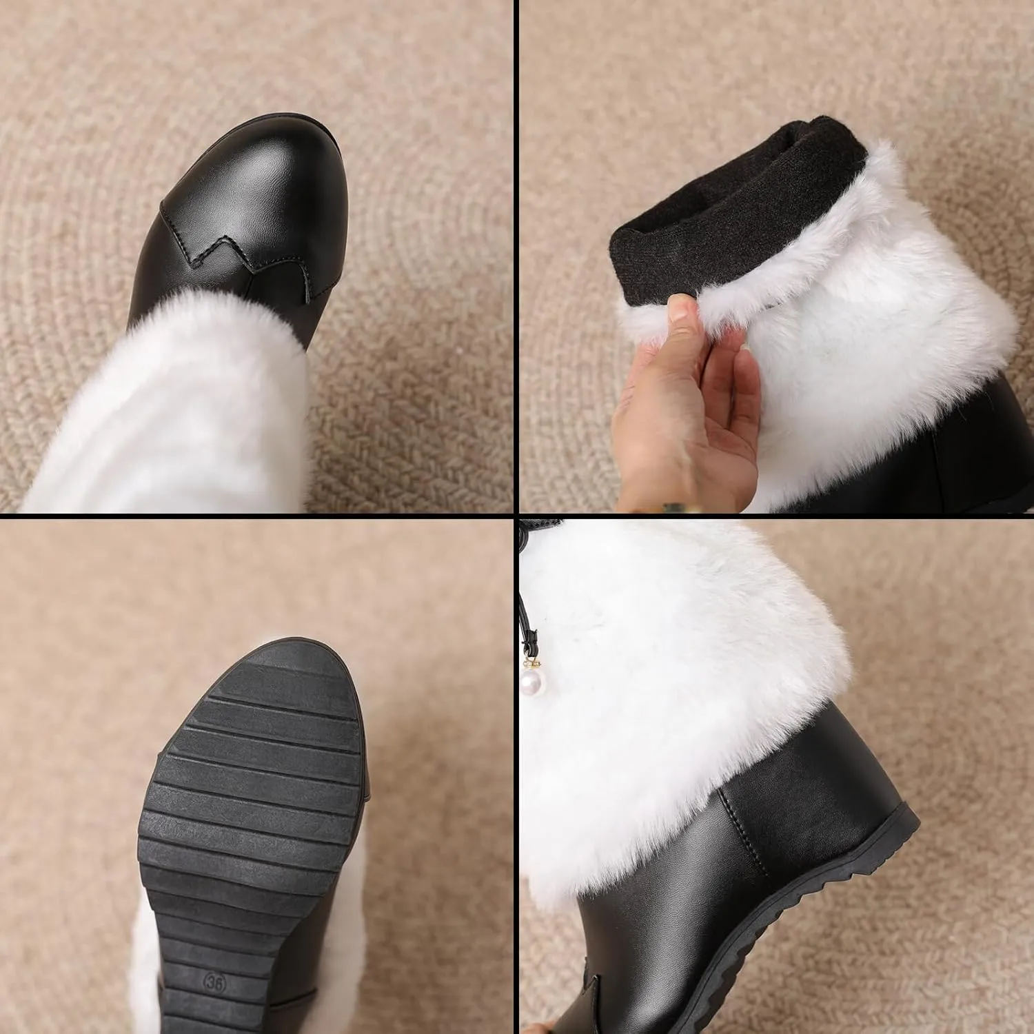 Women's Leather Fur Trim Christmas Mid Calf Boots Comfort Round Toe Fur Lined Pull On Snow Boots Cute Bowknot Warm Winter Boots