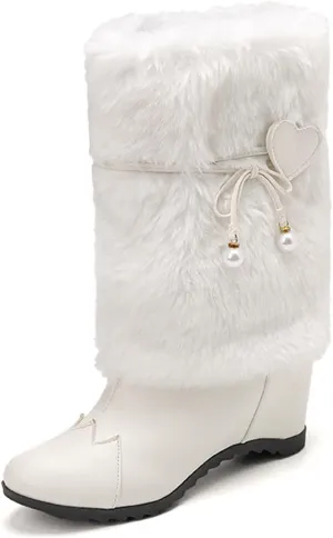 Women's Leather Fur Trim Christmas Mid Calf Boots Comfort Round Toe Fur Lined Pull On Snow Boots Cute Bowknot Warm Winter Boots