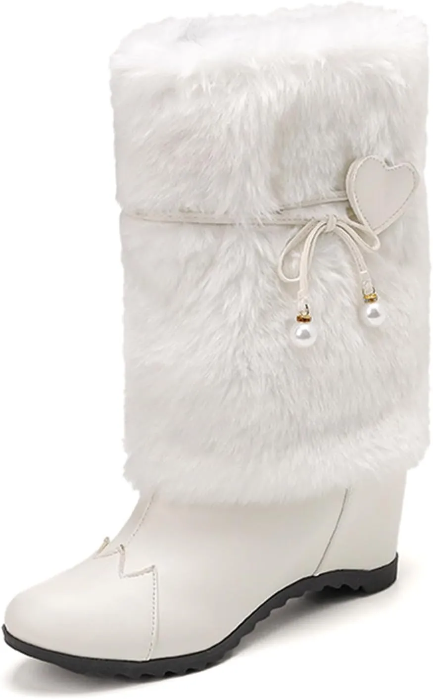 Women's Leather Fur Trim Christmas Mid Calf Boots Comfort Round Toe Fur Lined Pull On Snow Boots Cute Bowknot Warm Winter Boots