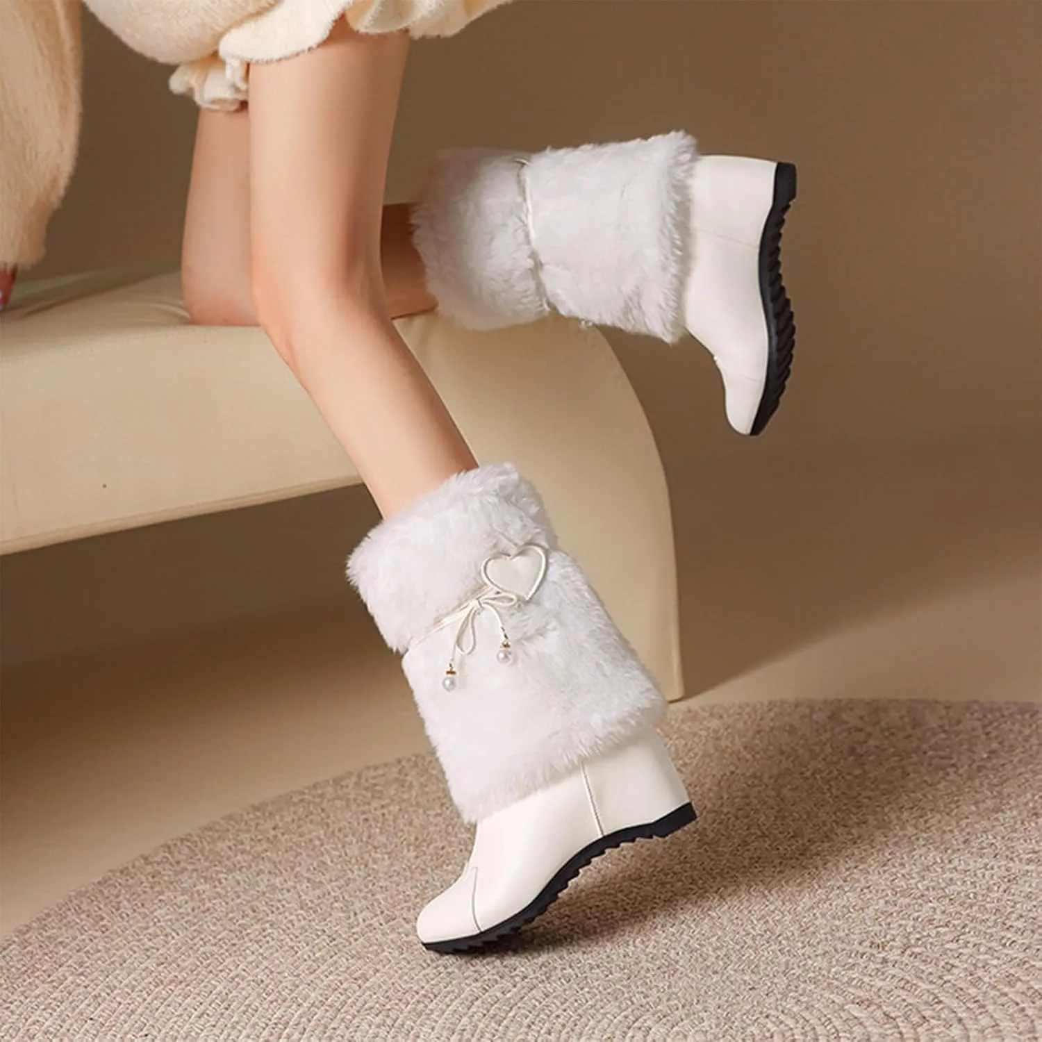 Women's Leather Fur Trim Christmas Mid Calf Boots Comfort Round Toe Fur Lined Pull On Snow Boots Cute Bowknot Warm Winter Boots