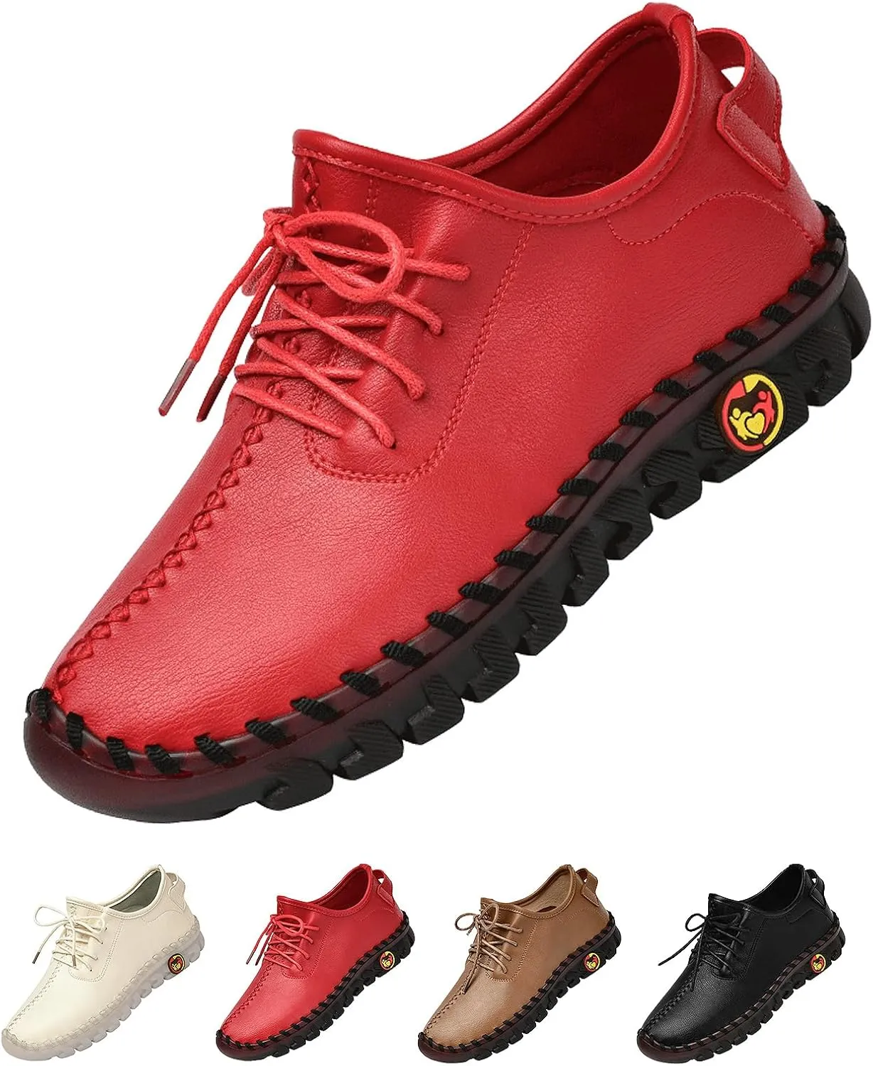 Women's Leather Lace-up Soft Sole Flat Shoes Hand Stitching Comfort Non-Slip Mom Loafers Casual Hollow Breathable Comfortable Soft Sole Driving Walking Shoes