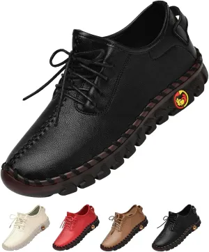 Women's Leather Lace-up Soft Sole Flat Shoes Hand Stitching Comfort Non-Slip Mom Loafers Casual Hollow Breathable Comfortable Soft Sole Driving Walking Shoes