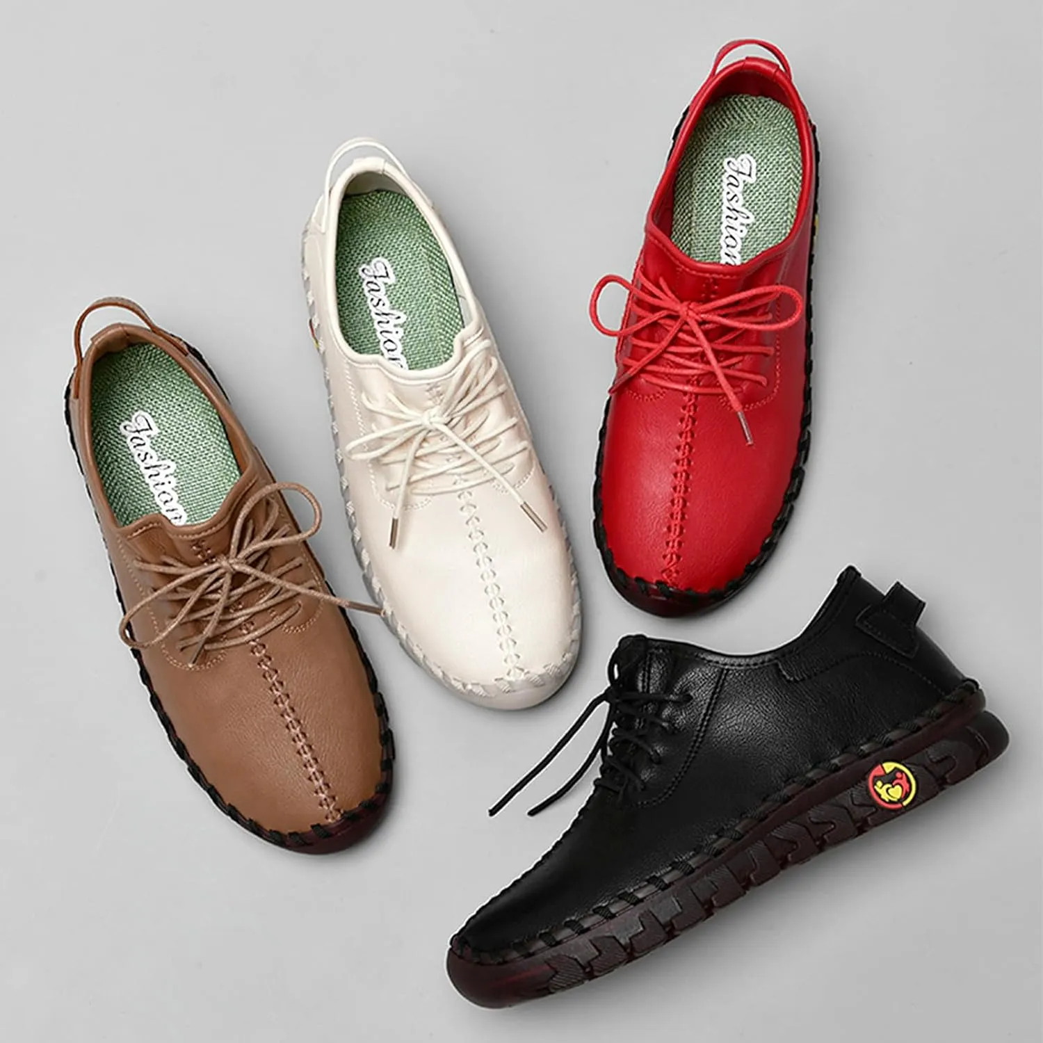 Women's Leather Lace-up Soft Sole Flat Shoes Hand Stitching Comfort Non-Slip Mom Loafers Casual Hollow Breathable Comfortable Soft Sole Driving Walking Shoes
