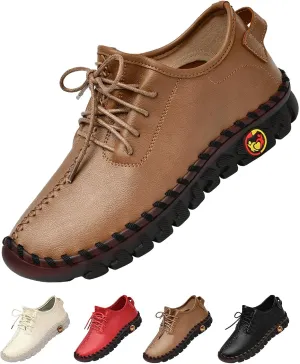 Women's Leather Lace-up Soft Sole Flat Shoes Hand Stitching Comfort Non-Slip Mom Loafers Casual Hollow Breathable Comfortable Soft Sole Driving Walking Shoes