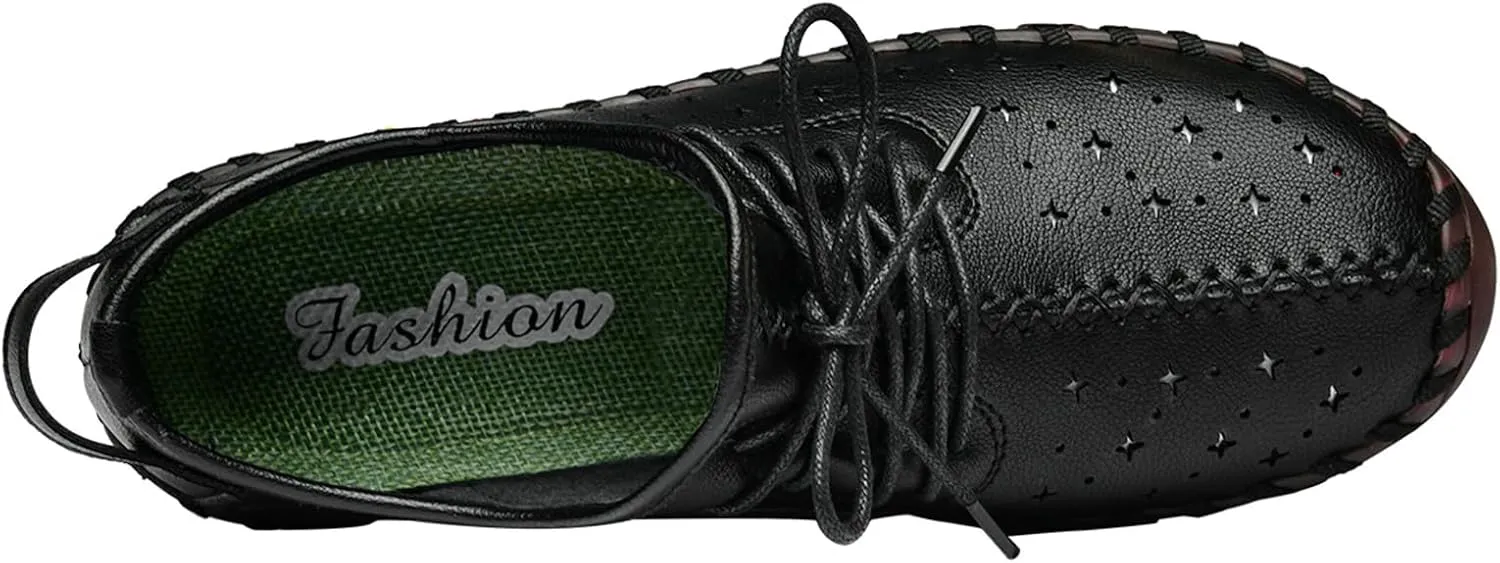 Women's Leather Lace-up Soft Sole Flat Shoes Hand Stitching Comfort Non-Slip Mom Loafers Casual Hollow Breathable Comfortable Soft Sole Driving Walking Shoes